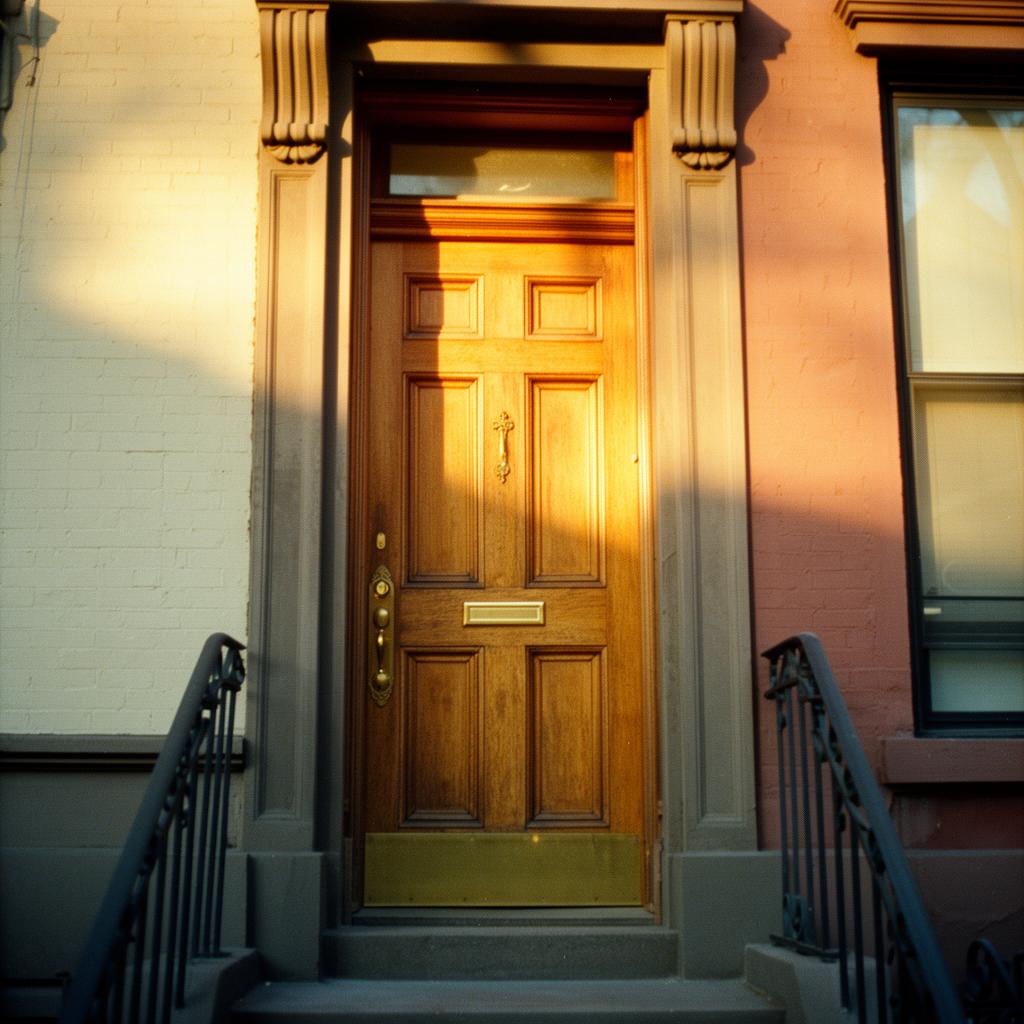 A warm wooden doorway of a Brooklyn home at golden hour