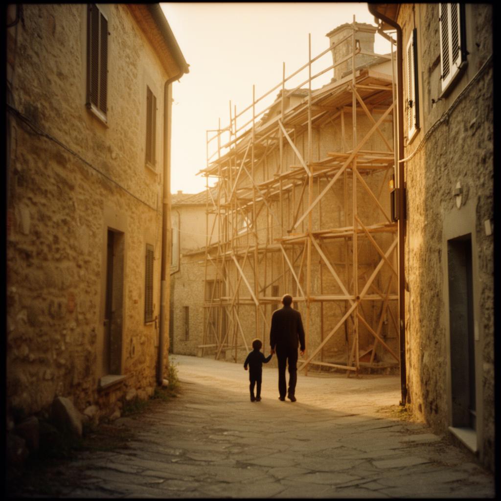 A boy walking with his father through an Italian village under construction